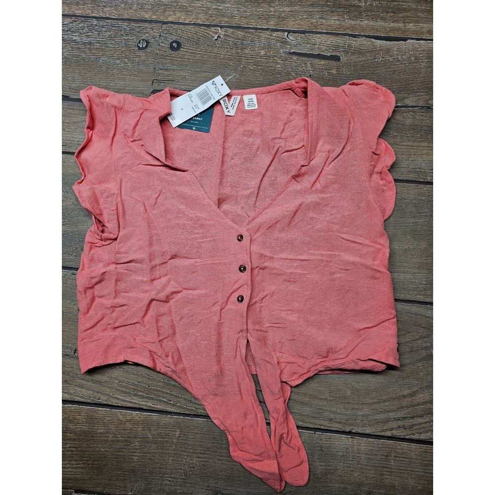 Roxy Womens Salmon Color V-Neck Ruffle Top Size S 1/4 Sleeve Button Up With Ties